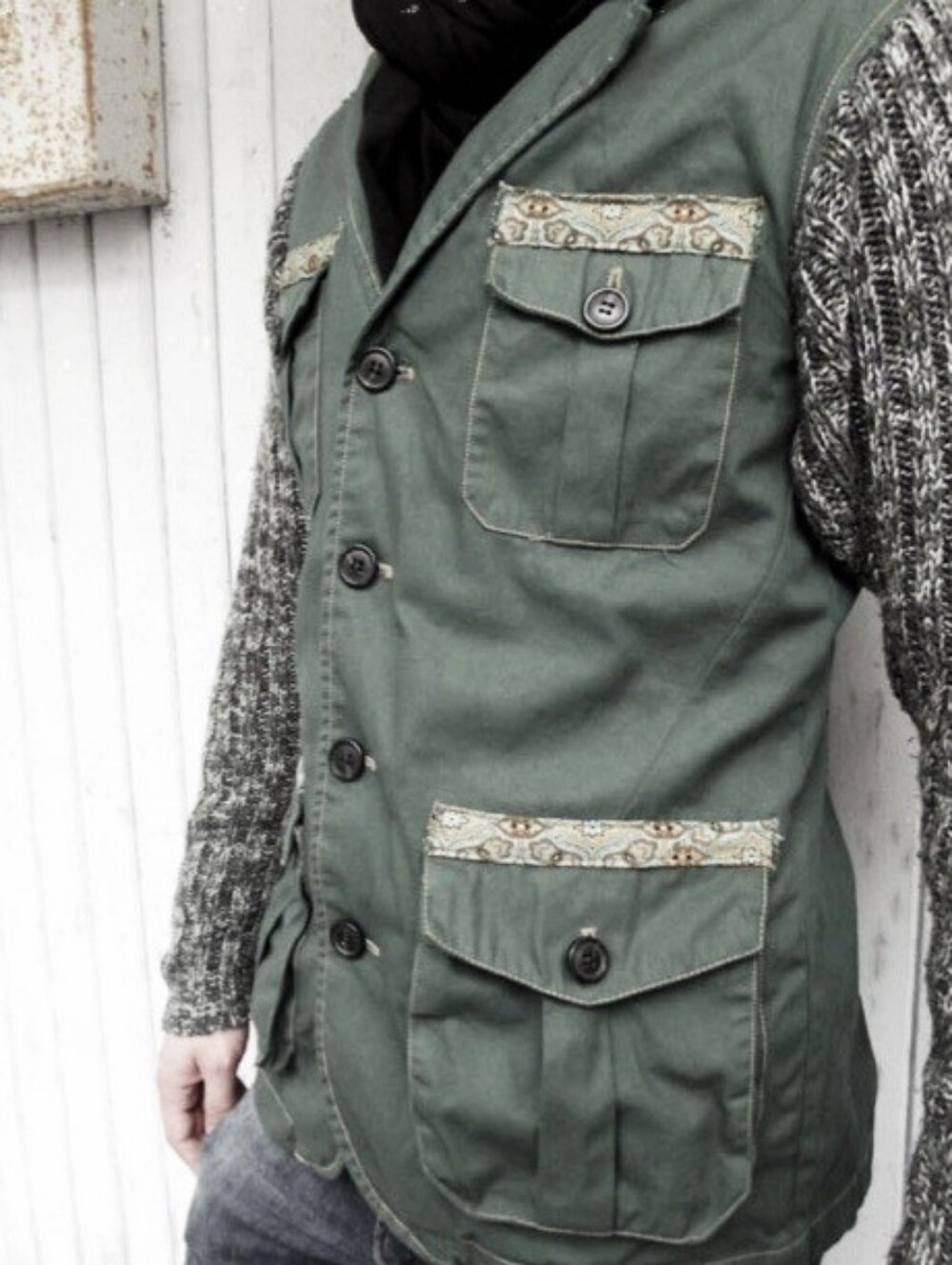 Refashioned Military-Style Field Jacket with Knit Sleeves (M)